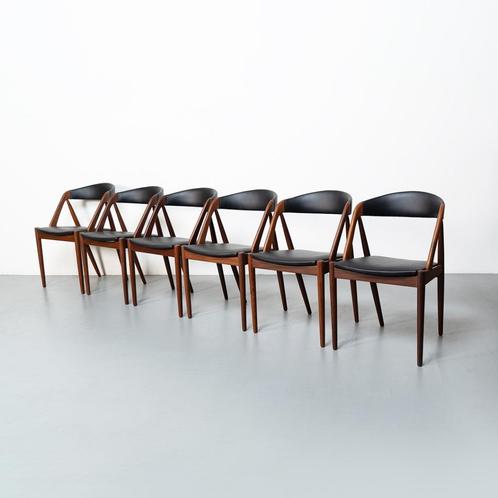 Vintage Deense Kai Kristiansen stoelen, set van 6, Huis en Inrichting, Stoelen, Gebruikt, Vijf, Zes of meer stoelen, Hout, Leer