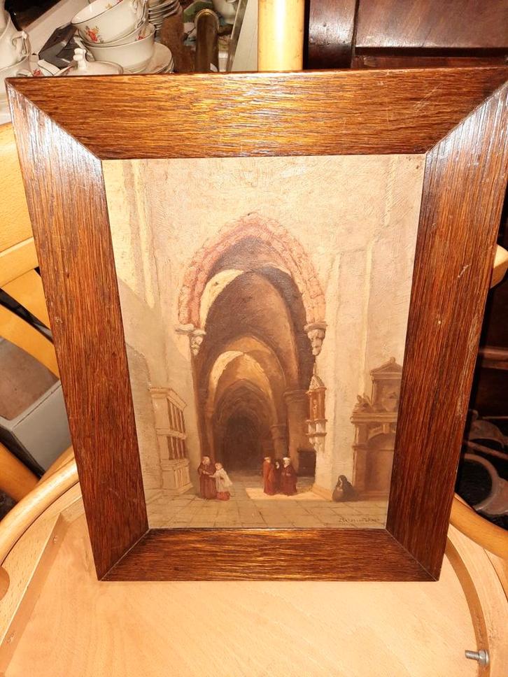 Oude schilderij van monniken in een klooster, Antiek en Kunst, Kunst | Schilderijen | Klassiek, Ophalen of Verzenden