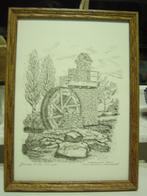 pentekening in schilderij watermolen patio, Ophalen of Verzenden