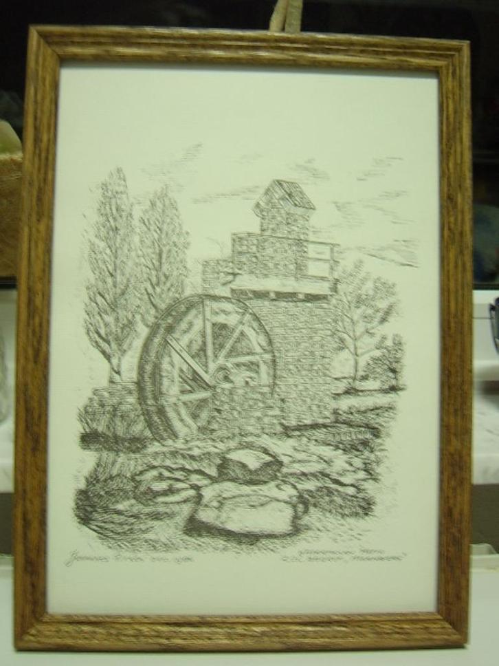 pentekening in schilderij watermolen patio, Antiek en Kunst, Kunst | Tekeningen en Foto's, Ophalen of Verzenden