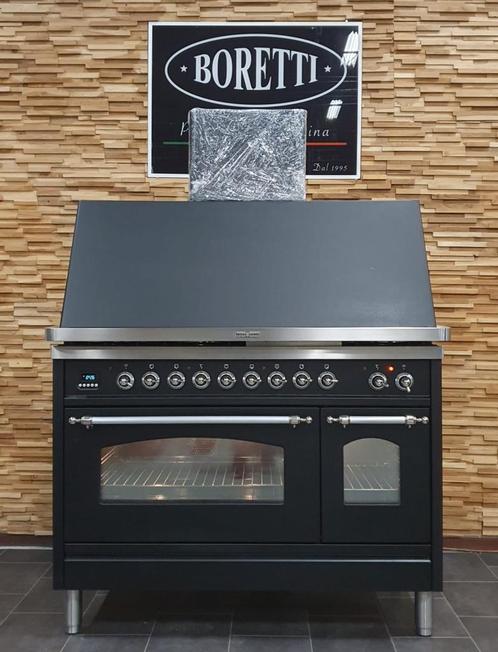Luxe Fornuis Boretti 120cm mat zwart rvs afzuigkap GASOVEN, Witgoed en Apparatuur, Fornuizen, Zo goed als nieuw, Vrijstaand, Gas