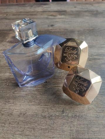lege parfum flesjes, Lady Million and La Vie est Belle. beschikbaar voor biedingen