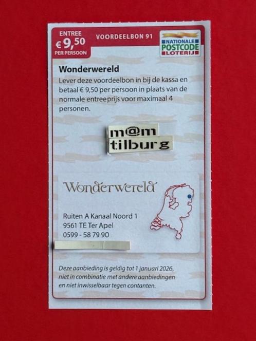 Voordeelbon 91 Wonderwereld entree €9,50 p.p., Tickets en Kaartjes, Kortingen en Cadeaubonnen, Drie personen of meer, Overige typen