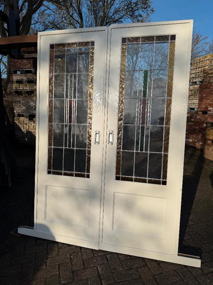 Set schuif / en-suite deuren met glas in lood 211.5x145cm., Antiek en Kunst, Curiosa en Brocante, Ophalen