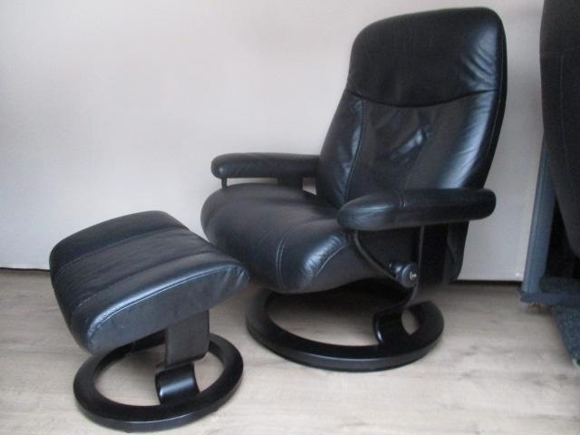 KEURIGE Stressless Consul met  hocker Large zwart leder, Huis en Inrichting, Fauteuils, Zo goed als nieuw, Hout, Leer, Metaal