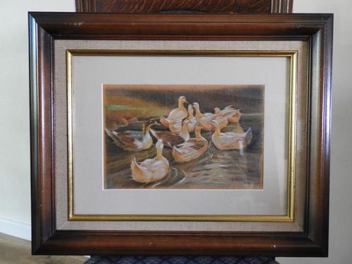 Krijttekening eendjes in het water - Gesigneerd - G. Thumann, Antiek en Kunst, Kunst | Schilderijen | Klassiek, Ophalen of Verzenden