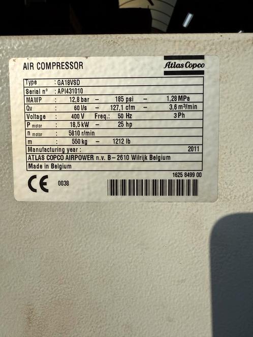Atlas Copco GA18VSD FF Compressor - Bouwjaar 2011, Zakelijke goederen, Machines en Bouw | Pompen en Compressoren, Ophalen