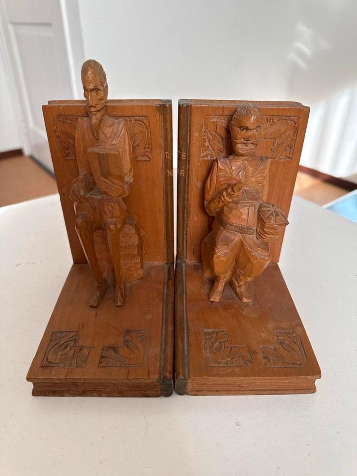 Houten boekensteunen Don Quichot en Sancho – handgesneden, Antiek en Kunst, Kunst | Beelden en Houtsnijwerken, Ophalen of Verzenden