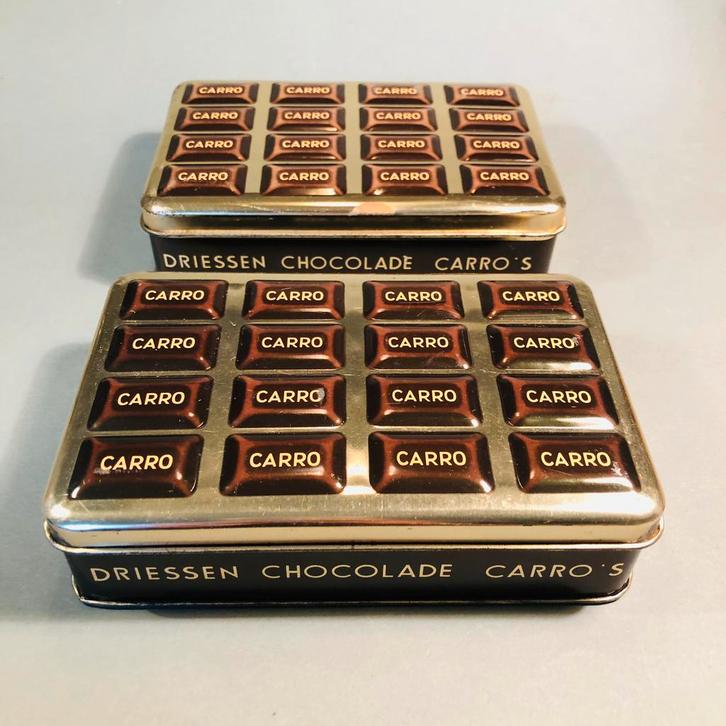 Twee kleine Driessen Carro Chocolade blikjes, bruin goud, Verzamelen, Blikken, Gebruikt, Overige, Overige merken, Ophalen of Verzenden