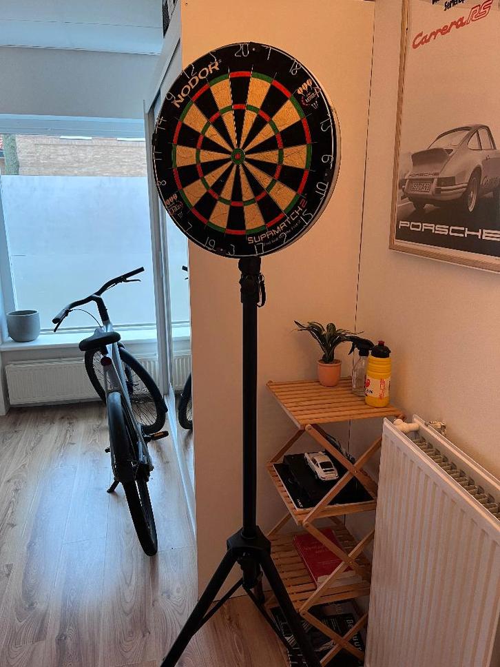 Dartbord, ophangsysteem en set tungsten dartpijlen, Sport en Fitness, Darts, Gebruikt, Dartbord, Ophalen