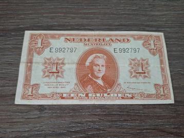 Net biljet 1 gulden 1945, 1-lettervariant serie E beschikbaar voor biedingen