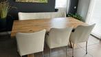 Houten tafel + eetbank & 3 stoelen in witte leer, Gebruikt, Ophalen of Verzenden, 6 tot 8 stoelen