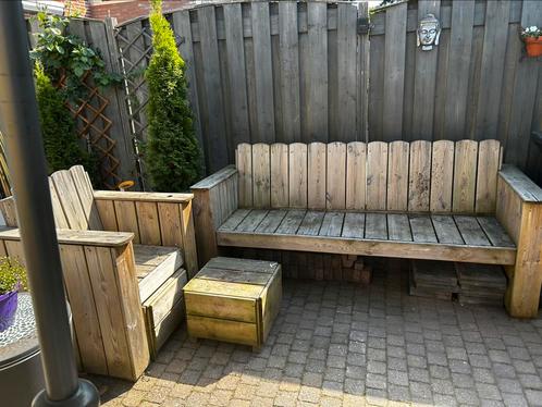 Tuinbank stoel en 3 krukjes, Tuin en Terras, Tuinsets en Loungesets, Zo goed als nieuw, Tuinset, Hardhout, 4 zitplaatsen, Bank