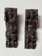2x Handgesneden beeld wandornament Satyr antiek, Antiek en Kunst, Ophalen