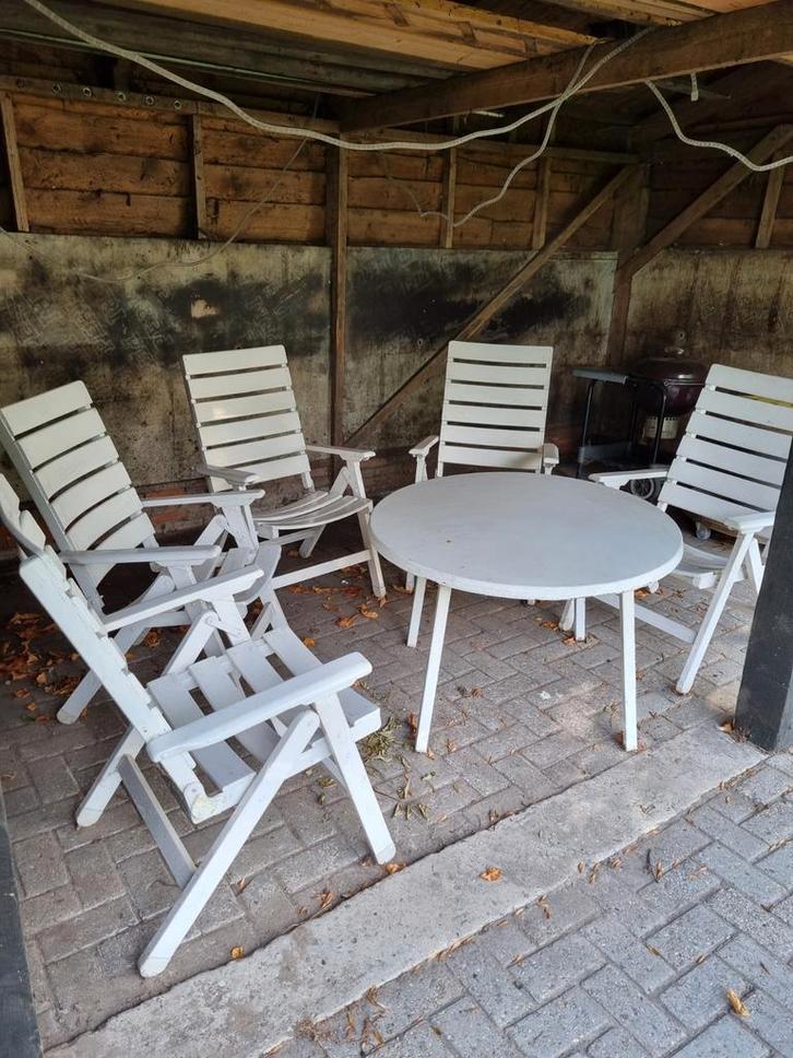 Herlag tuinset met 5 Stoelen, Tuin en Terras, Tuinsets en Loungesets, Gebruikt, Tuinset, Hout, 5 zitplaatsen, Eettafel, Stoel
