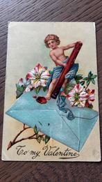 Voor mijn Valentijn.Reliëf.Jongen,brief. Lakstempel,bloemen,, Ophalen of Verzenden, Voor 1920, Kinderen