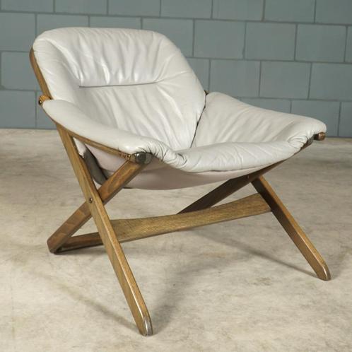 Midcentury fauteuils – Göte Möbler Nässjö (G-Möbel) – '80, Huis en Inrichting, Fauteuils, Gebruikt, Hout, Leer, Stof, 50 tot 75 cm