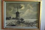 Schilderij met molen op linnen gesigneerd VE, Ophalen of Verzenden