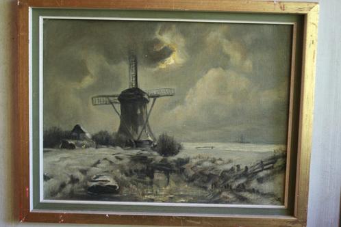 Schilderij met molen op linnen gesigneerd VE, Antiek en Kunst, Kunst | Schilderijen | Klassiek, Ophalen of Verzenden