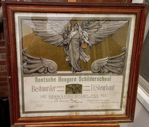 Groot Art Deco Diploma en brons medaille uit 1933 Gent, Antiek en Kunst, Kunst | Schilderijen | Klassiek, Verzenden
