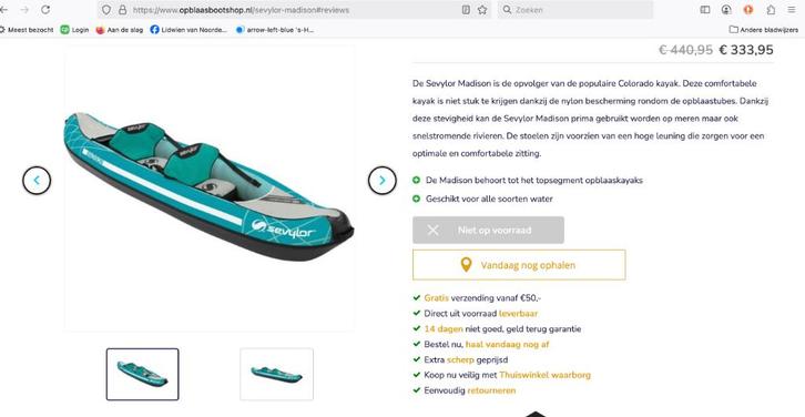 Sevylor Madison kajak met accu pomp en een peddel, Watersport en Boten, Kajaks, Gebruikt, 2-persoons, Opblaasbaar, Ophalen