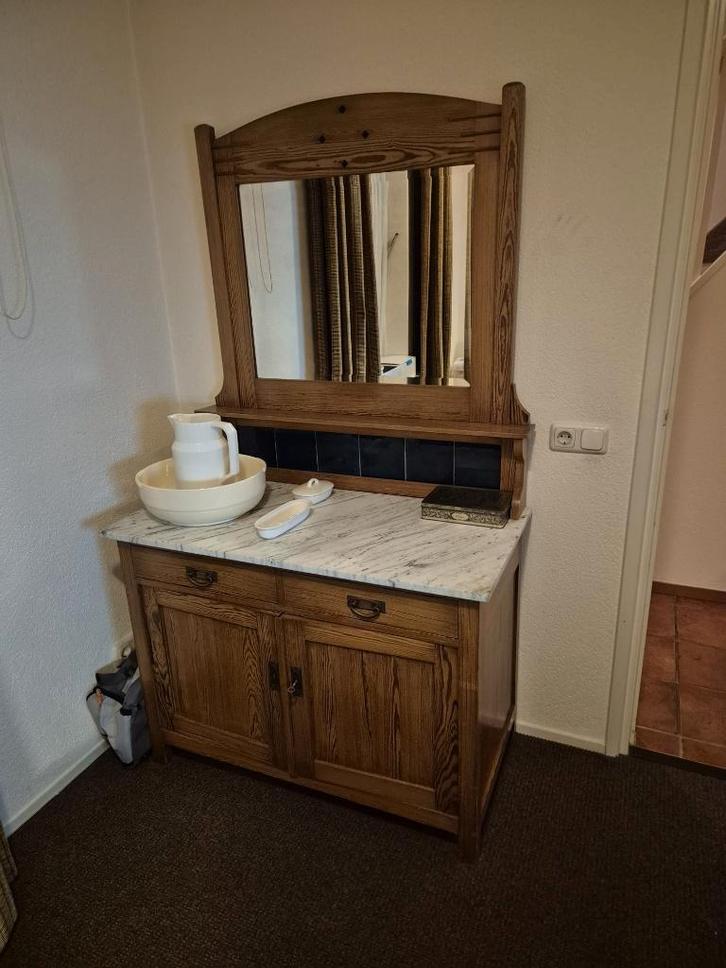 “Houten wascommode”  (met marmeren blad en spiegelopzetstuk), Huis en Inrichting, Kasten | Overige, Zo goed als nieuw, Ophalen