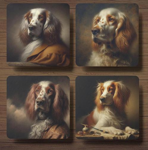 Engelse Setter Rembrandt stijl onderzetters met houder, Huis en Inrichting, Woonaccessoires | Onderzetters, Nieuw, Glas of Kopje