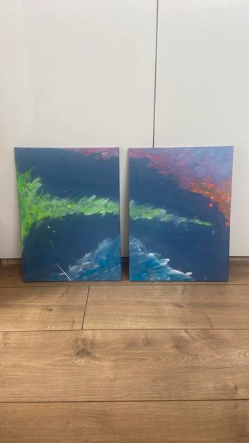 Abstracte schilderijen tweeluik canvas beschikbaar voor biedingen