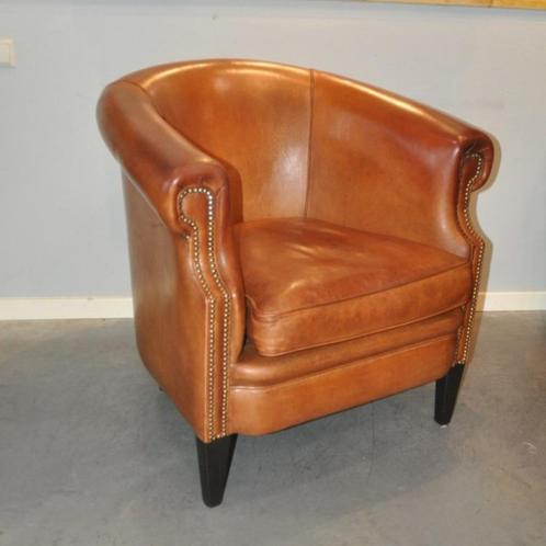 Schaapslederen clubfauteuil (cognac), Huis en Inrichting, Fauteuils, Zo goed als nieuw, Leer, 75 tot 100 cm, Ophalen