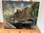 Amsterdamse Grachten met Boten - Olieverfschilderij, Antiek en Kunst, Ophalen of Verzenden