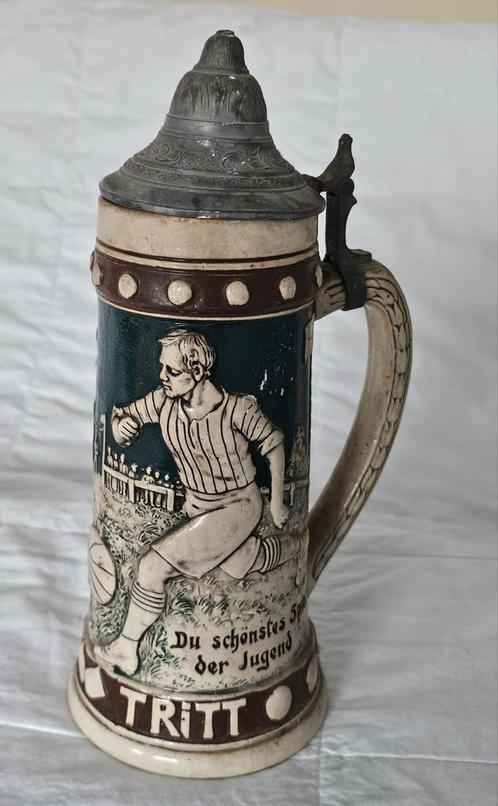 Oude Duitse Bierpul met tinnen deksel, Antiek en Kunst, Antiek | Keramiek en Aardewerk, Ophalen of Verzenden
