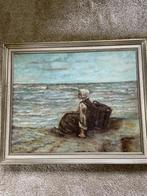 Klassiek Schilderij Vrouw aan Zee - Gesigneerd NB3 Ingelijst, Ophalen of Verzenden