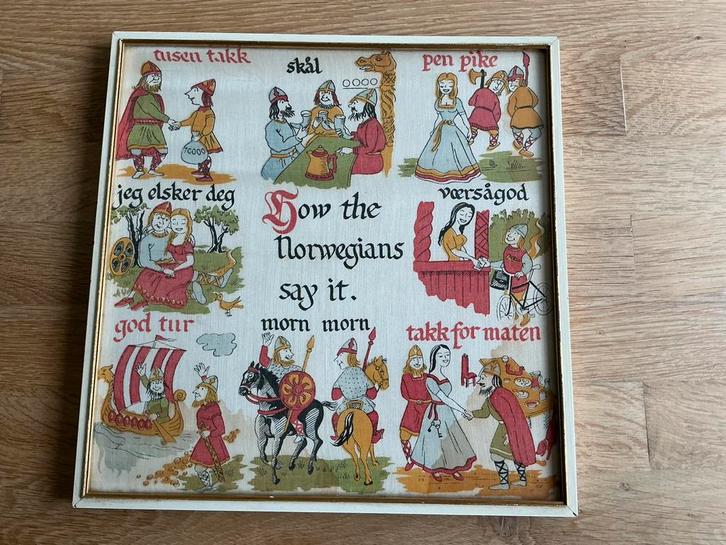 Vintage Noorse zakdoek met tekst. ws jaren 60., Antiek en Kunst, Curiosa en Brocante, Ophalen of Verzenden