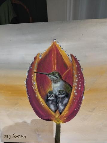 Schilderij kolibrie in tulp beschikbaar voor biedingen