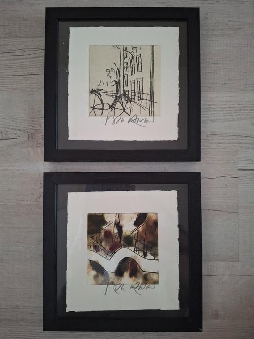 Mark Raven 'Brug3' en 'Fiets' met handtekening artiest, Antiek en Kunst, Kunst | Litho's en Zeefdrukken, Ophalen of Verzenden