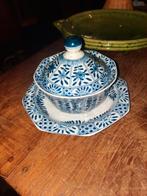 Antieke Chinese blauw-witte suikerpot met deksel en schotel, Ophalen of Verzenden