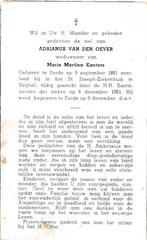Oever Adrianus 1881 Eerde 1961 Veghel, Ophalen of Verzenden, Bidprentje