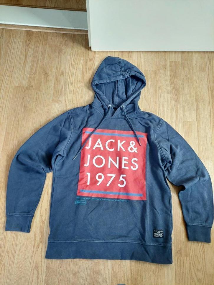 Jack & Jones Hoodie met logoprint, blauw met rood - Maat L, Kleding | Heren, Truien en Vesten, Gedragen, Maat 52/54 (L), Blauw
