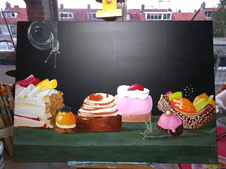 Schilderij Gebak met slak 50 x 70, Huis en Inrichting, Ophalen, Nieuw, Schilderij, 50 tot 75 cm