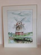 Ingelijste aquarel landschap met molen dorpsgezicht, Antiek en Kunst, Kunst | Schilderijen | Abstract, Ophalen of Verzenden