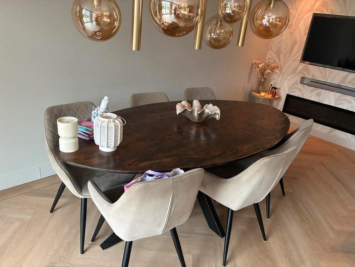 Bruine ovale tafel met champagne stoelen (meubelset), Huis en Inrichting, Tafels | Eettafels, Gebruikt, 100 tot 150 cm, 200 cm of meer