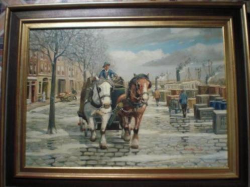 W. HEINECKE !! * OLIEVERF OP LINNEN * Haven Met Paarden *, Antiek en Kunst, Kunst | Schilderijen | Klassiek, Ophalen of Verzenden