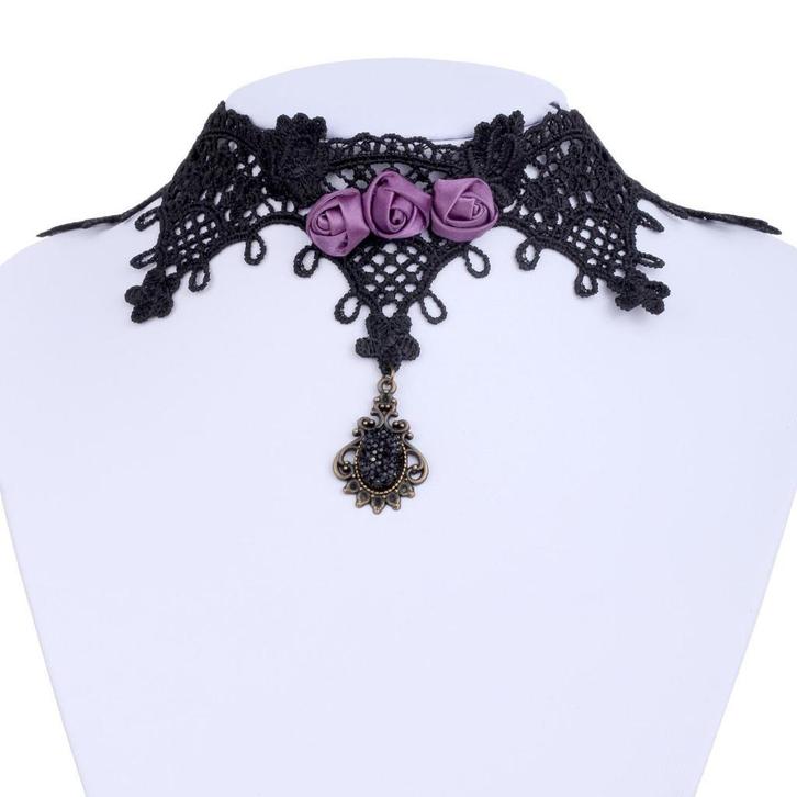 Zwarte kanten choker ketting met paarse roosjes, Sieraden, Tassen en Uiterlijk, Kettingen, Nieuw, Overige materialen, Zwart, Met hanger