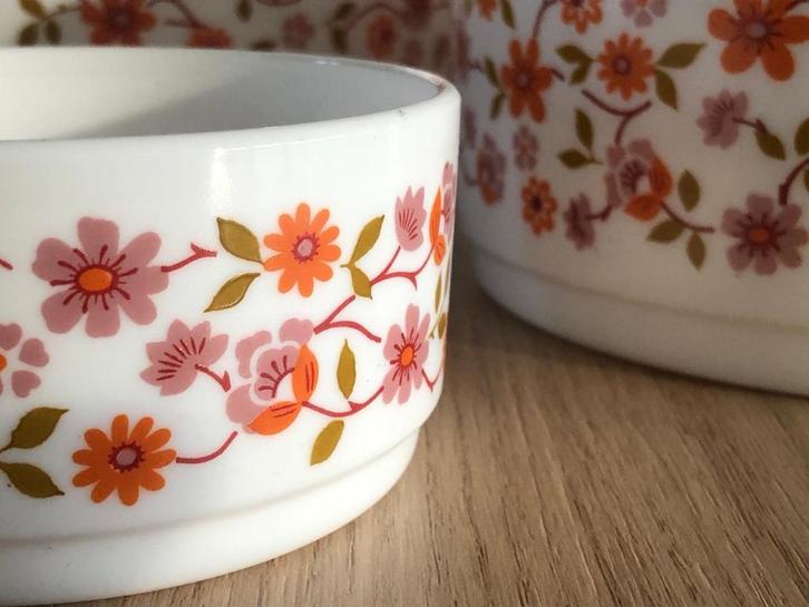 Vintage Bloemen Kommen Set - Scania Arcopal, Huis en Inrichting, Keuken | Servies, Gebruikt, Kom(men), Overige stijlen, Glas, Ophalen of Verzenden