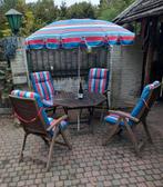 5 delige teakhouten tuinset met retro kussens & parasol, Ophalen, Zo goed als nieuw