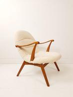 Vintage teakhouten fauteuil teddy stof nieuw gestoffeerd, Modern vintage, ., 75 tot 100 cm, Ophalen of Verzenden