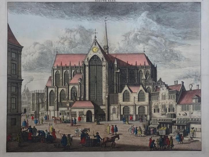 gravure kleur Nieuwe Kerk te Amsterdam Caspar Commelin 1691, Antiek en Kunst, Kunst | Etsen en Gravures, Verzenden