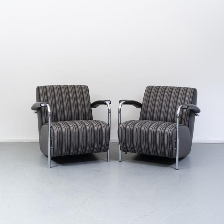 3x Leolux Scylla fauteuil zwart/grijs gestreept, Huis en Inrichting, Fauteuils, Zo goed als nieuw, Leer, Ophalen of Verzenden