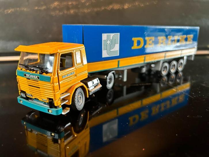Tekno Scania 143 met 3 asser huifoplegger de Rijke, Hobby en Vrije tijd, Modelauto's | 1:50, Gebruikt, Bus of Vrachtwagen, Tekno