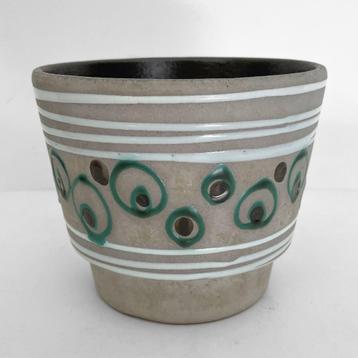 Vintage, midcentury, retro bloempot, cirkels grijs turquoise beschikbaar voor biedingen